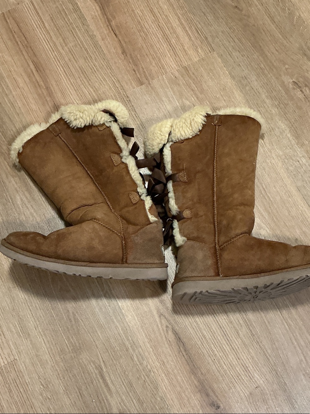 UGG Chestnut Suede Mid-Calf Boots with Shearling Trim and Ribbon